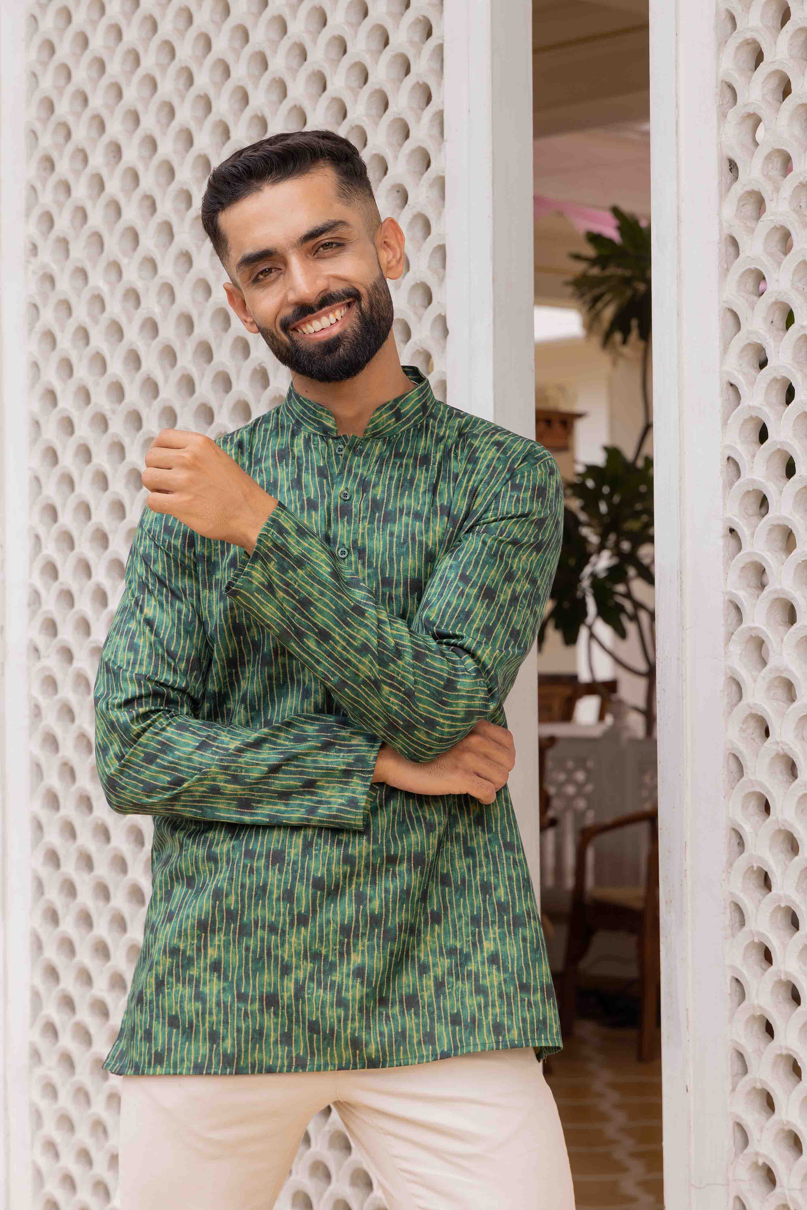 Bottle Green Printed Short Kurta